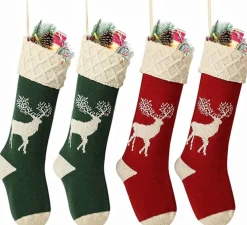 Rocketshop Kerstsokken>4 Stuks - Kerstsokken Gebreide Rendiermotief - Ophangbare Decoratieve Kerst Ornament - Rendier Gebreide Kerstkousen - Klassieke Stijl Met Een Speels Tintje - Hoogwaardige Kwaliteit - 2 Rood / 2 Groen - 46Cm