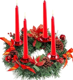 * Kerstkransen>Adventskrans Kunstkandelaar Kerstmis - Kerstkrans Met 4 Kandelaars Adventkrans, Decoratie, Tafeldecoratie Voor Kaarsen, Puntige Kaarsen, 30 Cm, Rood, 30 Cm