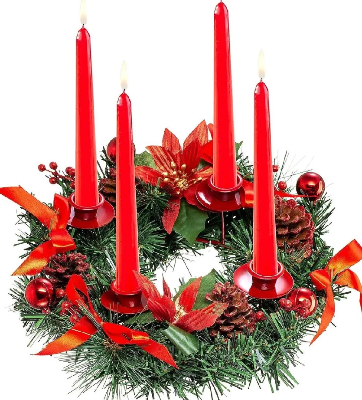 * Kerstkransen>Adventskrans Kunstkandelaar Kerstmis - Kerstkrans Met 4 Kandelaars Adventkrans, Decoratie, Tafeldecoratie Voor Kaarsen, Puntige Kaarsen, 30 Cm, Rood, 30 Cm