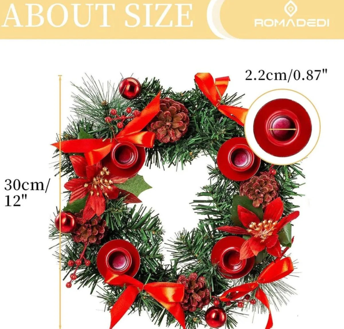 * Kerstkransen>Adventskrans Kunstkandelaar Kerstmis - Kerstkrans Met 4 Kandelaars Adventkrans, Decoratie, Tafeldecoratie Voor Kaarsen, Puntige Kaarsen, 30 Cm, Rood, 30 Cm