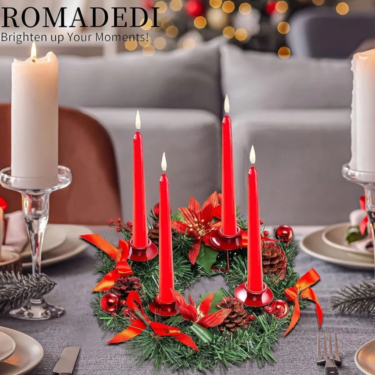 * Kerstkransen>Adventskrans Kunstkandelaar Kerstmis - Kerstkrans Met 4 Kandelaars Adventkrans, Decoratie, Tafeldecoratie Voor Kaarsen, Puntige Kaarsen, 30 Cm, Rood, 30 Cm