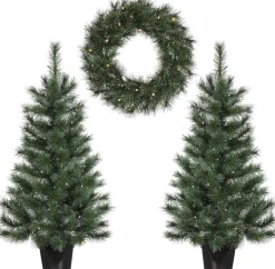 Black Box Trees Glendon Set Van 2 Kerstbomen En 1 Krans Met Led Verlichting - Groen Outlet