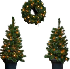 Black Box Trees Glendon Set Van 2 Kerstbomen En 1 Krans Met Led Verlichting - Groen Outlet