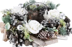 dekoratief Kerststukjes>Bloemstuk / Tafelstuk / Kerststuk Rond Met 1 Waxinelichtjes Houder Met Witte Rozen - Bruin / Groen / Grijs / Wit - 24 X 24 X 9 Cm Hoog.