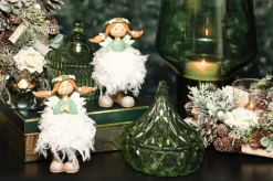 dekoratief Kerststukjes>Bloemstuk / Tafelstuk / Kerststuk Rond Met 1 Waxinelichtjes Houder Met Witte Rozen - Bruin / Groen / Grijs / Wit - 24 X 24 X 9 Cm Hoog.