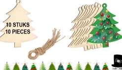 Bob Online ™ - 10 Stuks - Houten Kerstboom Vormen - Kerstversiering - Kersttafelversiering – Kerstboomversiering – 10 Pcs – Wooden Christmas Tree Shapes – Christmas Tree Decorations – Diy Kerst Slinger Maken – Houten Kerstboom Cadeau Label + Jutekoord Clearance
