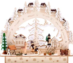 Brubaker Kerststallen> 3D Led Lichtboog Lichtboog - Winterlandschap Met Dorp - Led-Verlichting - Hout Natuur - 27,5 X 24,5 X 8,7 Cm - Handbeschilderd