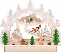 Brubaker Kerststallen> 3D Led Lichtboog Lichtboog - Winterlandschap Met Kerk - Led-Verlichting - Hout Natuur - 27 X 24 X 8,7 Cm - Handbeschilderd