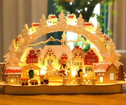 Brubaker Kerststallen></noscript> 3D Led-Lichtboog, Lichtboog, Winterlandschap Met Oude Stad, Led-Verlichting, Natuurlijk Hout, 43,5 X 27 X 10,1 Cm, Handgeschilderd