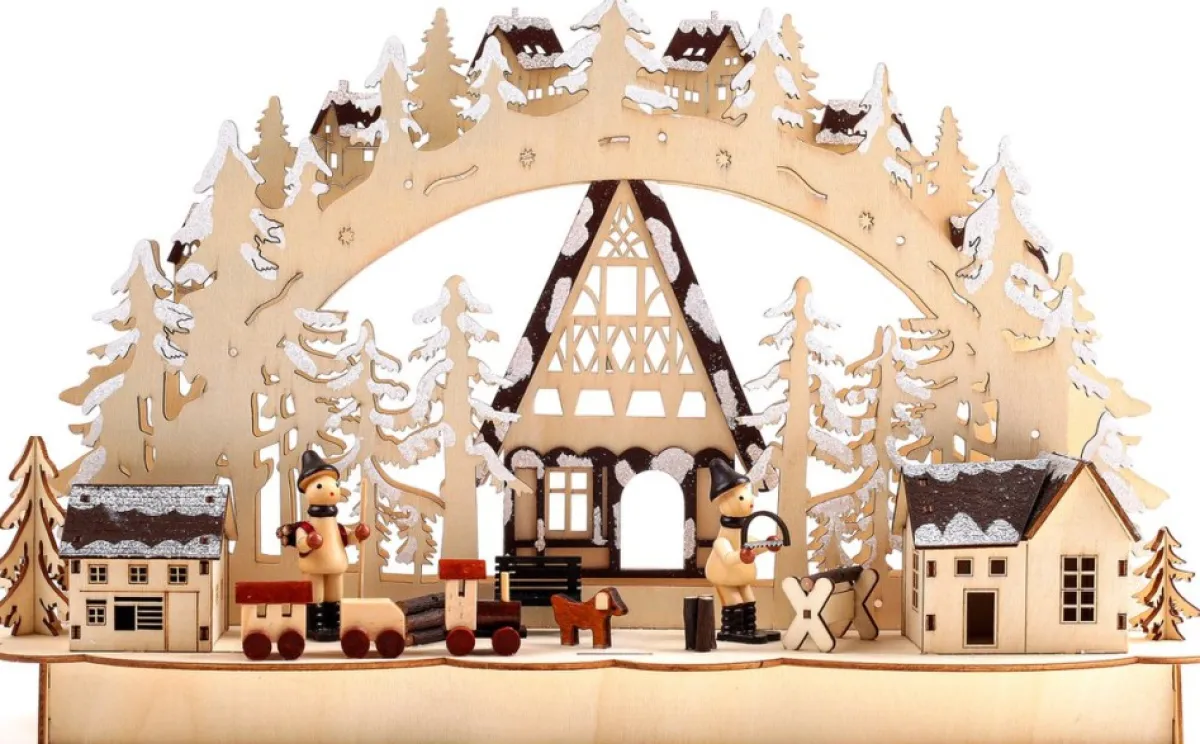 Brubaker Kerststallen> 3D Led-Lichtboog, Lichtboog, Winterlandschap Met Houtarbeiders, Led-Verlichting, Natuurlijk Hout, 43,5 X 26,8 X 10,1 Cm, Handgeschilderd