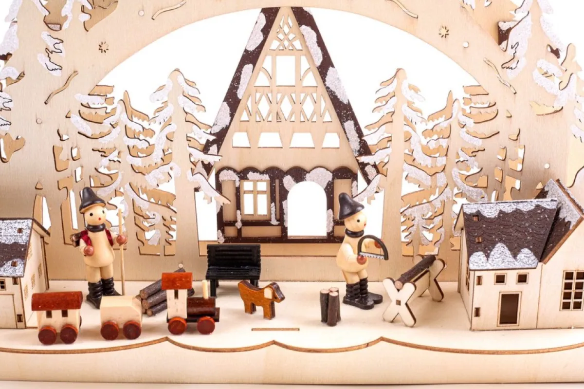 Brubaker Kerststallen> 3D Led-Lichtboog, Lichtboog, Winterlandschap Met Houtarbeiders, Led-Verlichting, Natuurlijk Hout, 43,5 X 26,8 X 10,1 Cm, Handgeschilderd