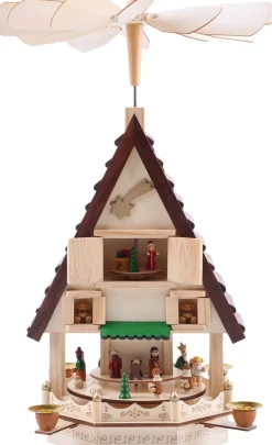 Brubaker Kerststallen> Kerstpiramide Adventshaus 49 Cm - Kerststal Op 4 Etages - Kaarsenpiramide Met 4 Kaarshouders Van Metaal - Hout Natuur - Handgeschilderde Figuren
