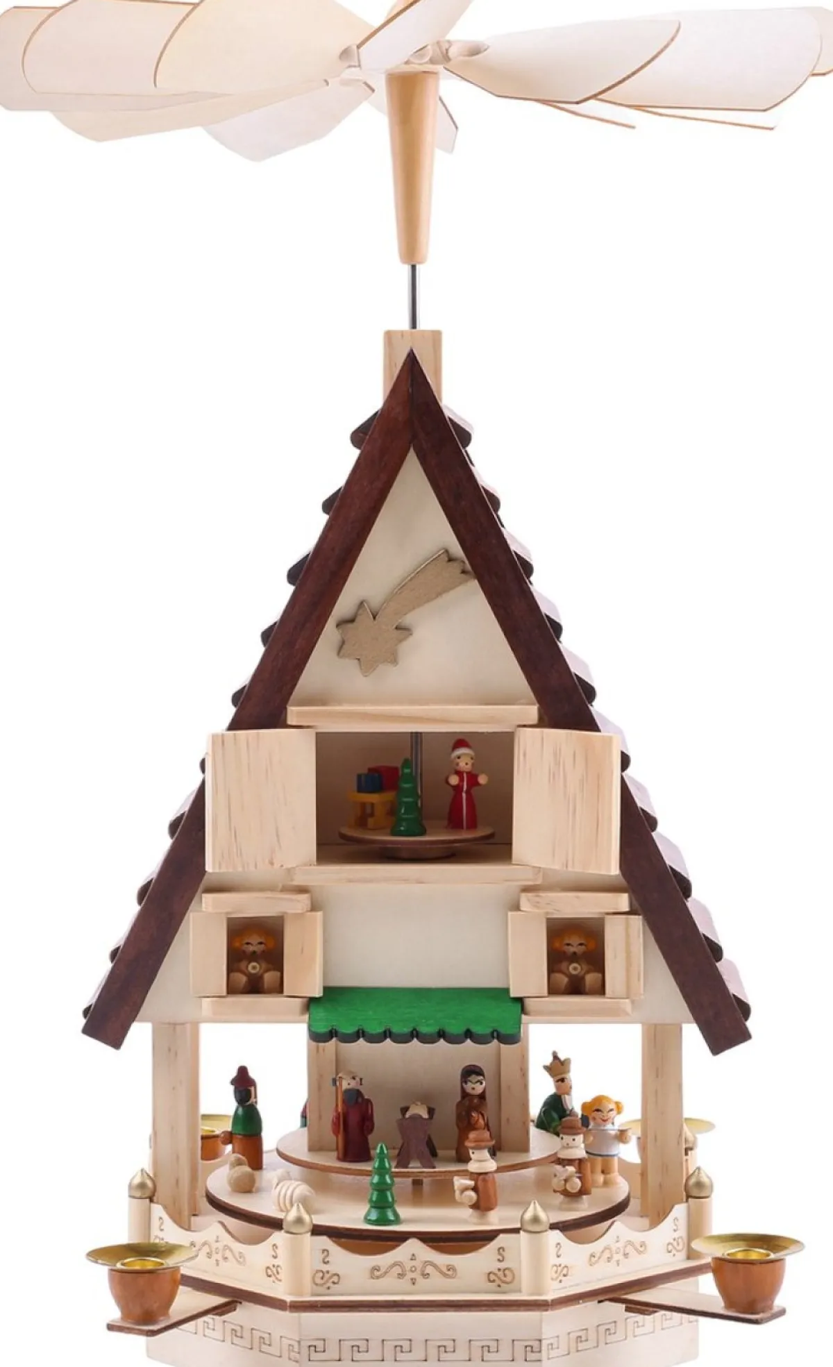 Brubaker Kerststallen> Kerstpiramide Adventshaus 49 Cm - Kerststal Op 4 Etages - Kaarsenpiramide Met 4 Kaarshouders Van Metaal - Hout Natuur - Handgeschilderde Figuren