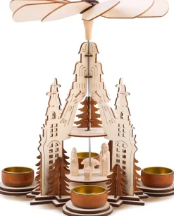 Brubaker Kerststallen> Kerstpiramide Kathedraal 29 Cm - Maria, Jozef En Jezus - 2 Etages - Theelichtpiramide Met 4 Theelichthouders Van Metaal - Hout Natuur