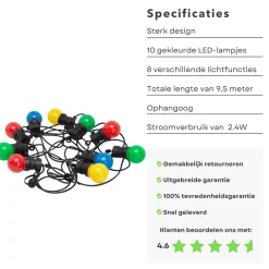 Cheqo ® Feestverlichting - Lichtsnoer - Tentverlichting - Fairy Lights - 10L, 3V/20Ma - 8 Lichtfuncties - 50Cm Afstand - 9.50M Snoer - Ip44 Beschermwaarde - 2.4W Power Consumption - Ophangoog - Binnen & Buiten Shop