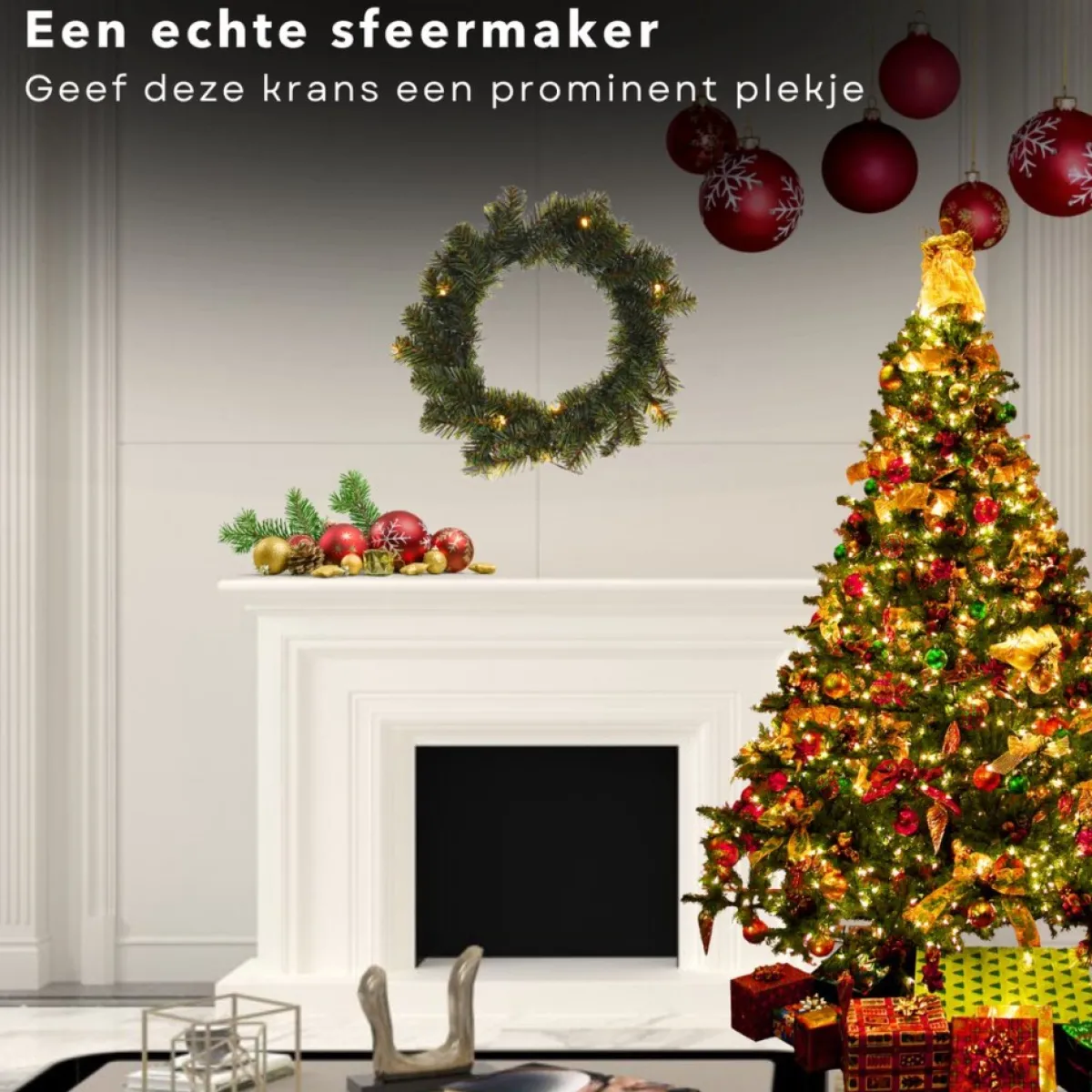 Cheqo Kerstkransen>® Kerstkrans Met Led Verlichting - Krans - Kerstdecoratie - Kerstmis - Met Timer Functie - O35 Cm