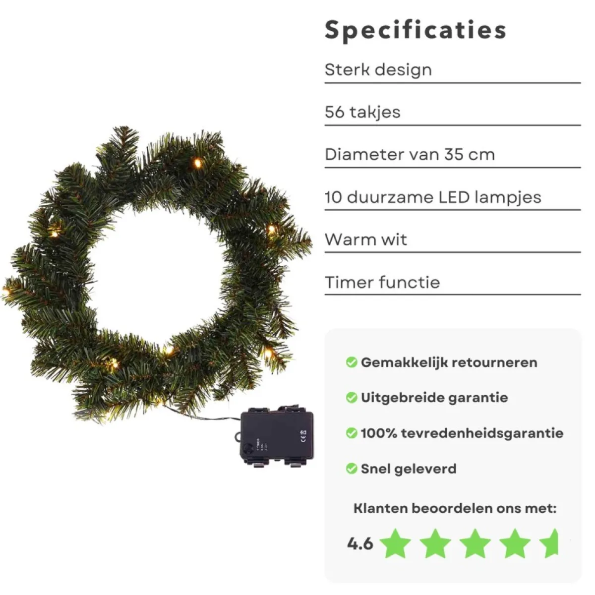 Cheqo Kerstkransen>® Kerstkrans Met Led Verlichting - Krans - Kerstdecoratie - Kerstmis - Met Timer Functie - O35 Cm