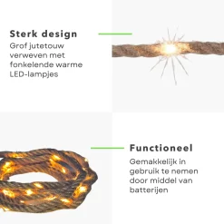 Cheqo ® Lichtslang Van Jute - Jute Touw - Touw Met Led - Lichtsnoer Touw - Touwverlichting - Kerstverlichting - 3 Meter - Op Batterijen New