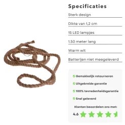 Cheqo ® Lichtslang Van Jute - Jute Touw - Touw Met Led - Lichtsnoer Touw - Touwverlichting - Kerstverlichting - 1.50 Meter - Op Batterijen Online