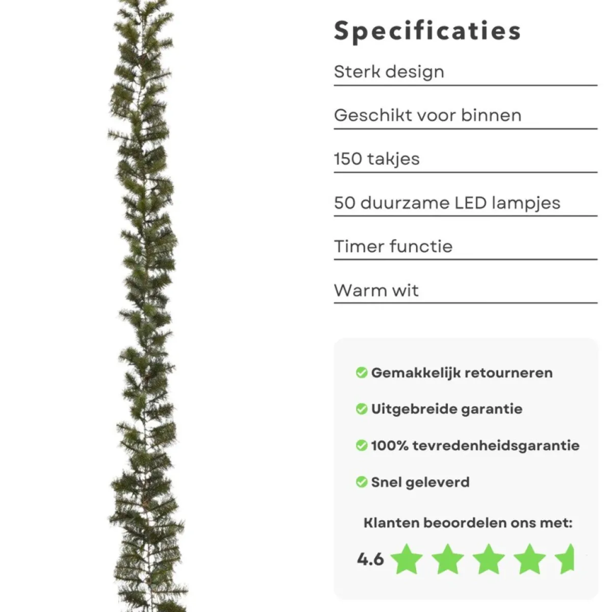 Cheqo Guirlandes>® Xl Guirlande Met Kerstverlichting - Kerstlampjes - Kerstslinger - Warm Wit - 270Cm - 150 Takjes - 50 Led - Met Timer Functie