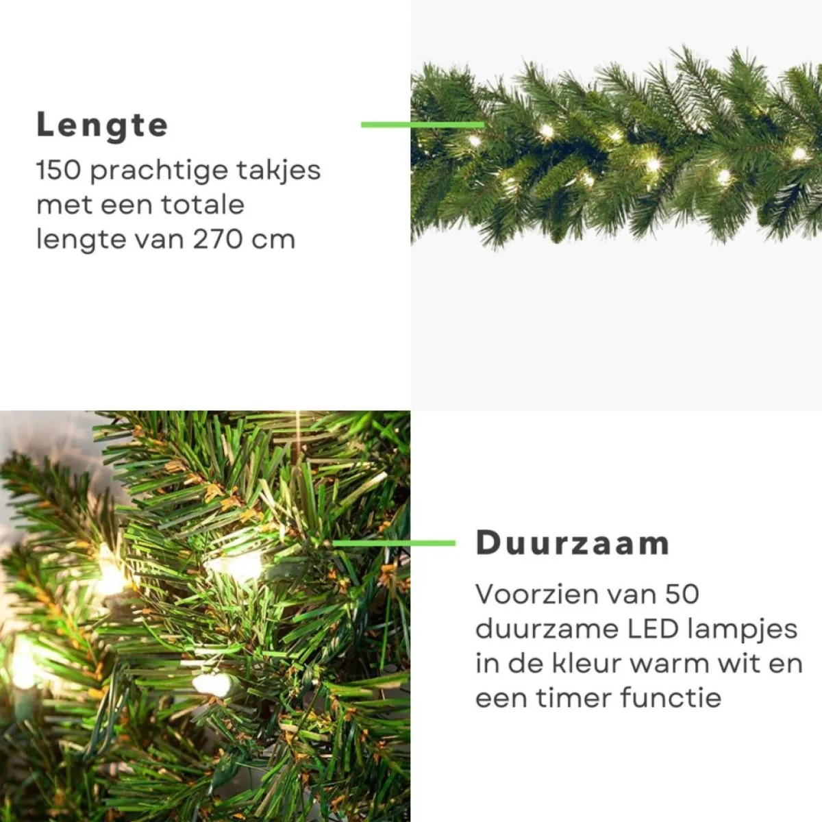 Cheqo Guirlandes>® Xl Guirlande Met Kerstverlichting - Kerstlampjes - Kerstslinger - Warm Wit - 270Cm - 150 Takjes - 50 Led - Met Timer Functie
