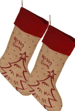 Merkloos Kerstsokken>Christmas Decoration Kerstsokken - 2X St- Rode Rand - H52 Cm - Jute/Polyester