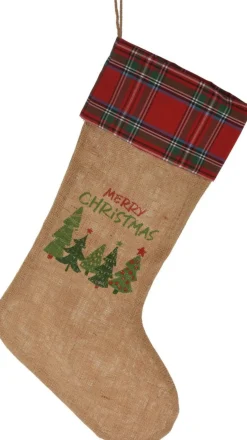 Merkloos Kerstsokken>Christmas Decoration Kerstsok - Geruite Rand - H52 Cm - Jute/Polyester