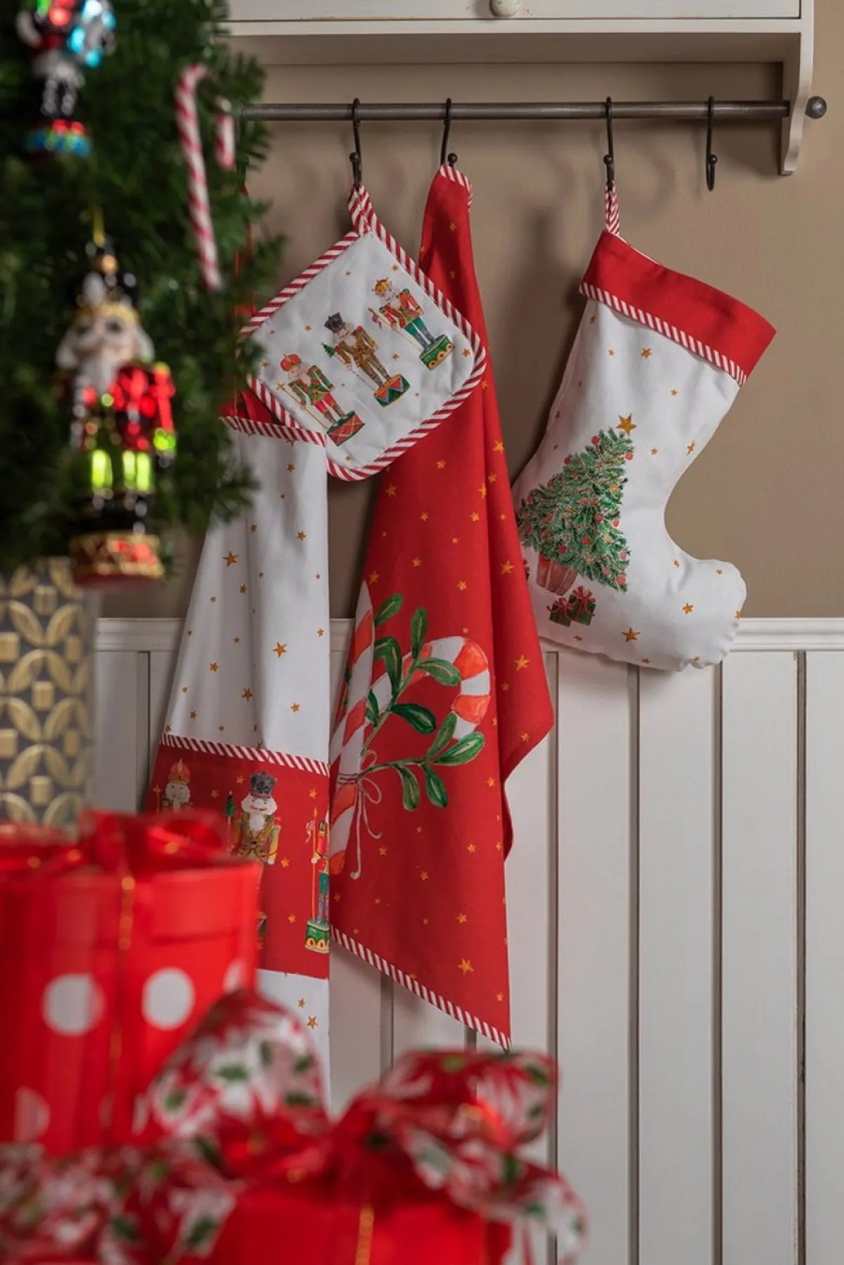 Clayre u0026 Eef Kerstsokken>Clayre & Eef Kerstsok Decoratie Kerstsok 30X40 Cm Wit Rood Katoen Kerstboom Kerstsok Hanger