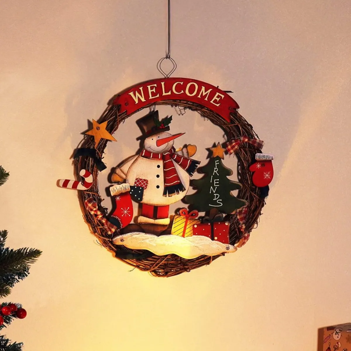 * Kerstkransen>Com-Four® Kerstkrans Gevlochten - Deurkrans"Welkom" Voor Kerstmis - Kerstdecoratie Om Op Te Hangen - Houten Krans Ca. O 31 Cm (Sneeuwpop - L)