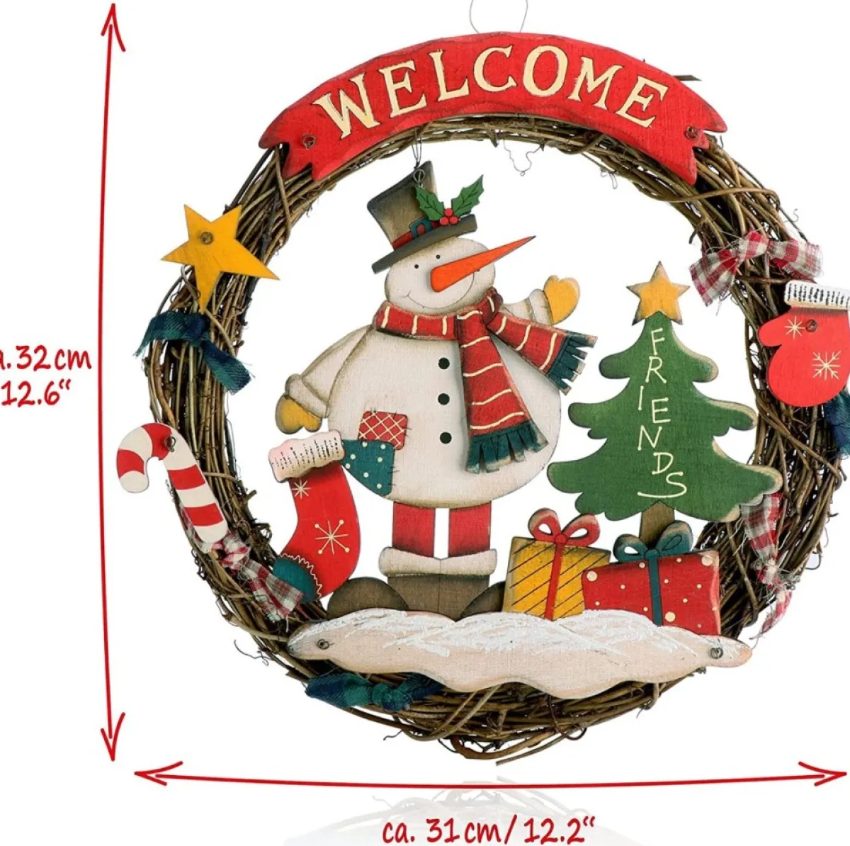 * Kerstkransen>Com-Four® Kerstkrans Gevlochten - Deurkrans"Welkom" Voor Kerstmis - Kerstdecoratie Om Op Te Hangen - Houten Krans Ca. O 31 Cm (Sneeuwpop - L)