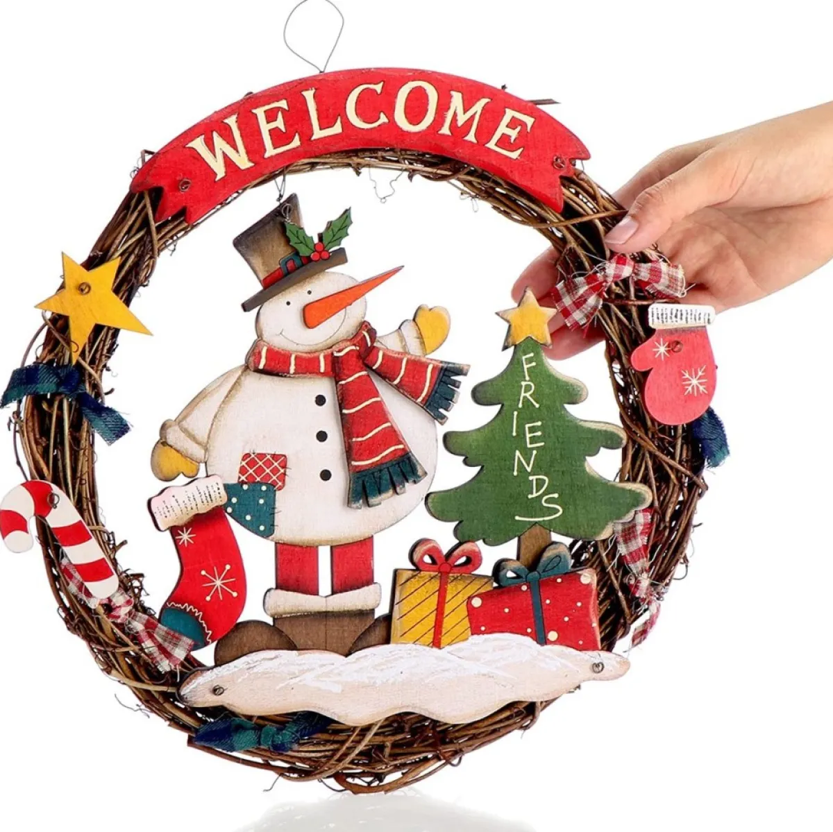 * Kerstkransen>Com-Four® Kerstkrans Gevlochten - Deurkrans"Welkom" Voor Kerstmis - Kerstdecoratie Om Op Te Hangen - Houten Krans Ca. O 31 Cm (Sneeuwpop - L)