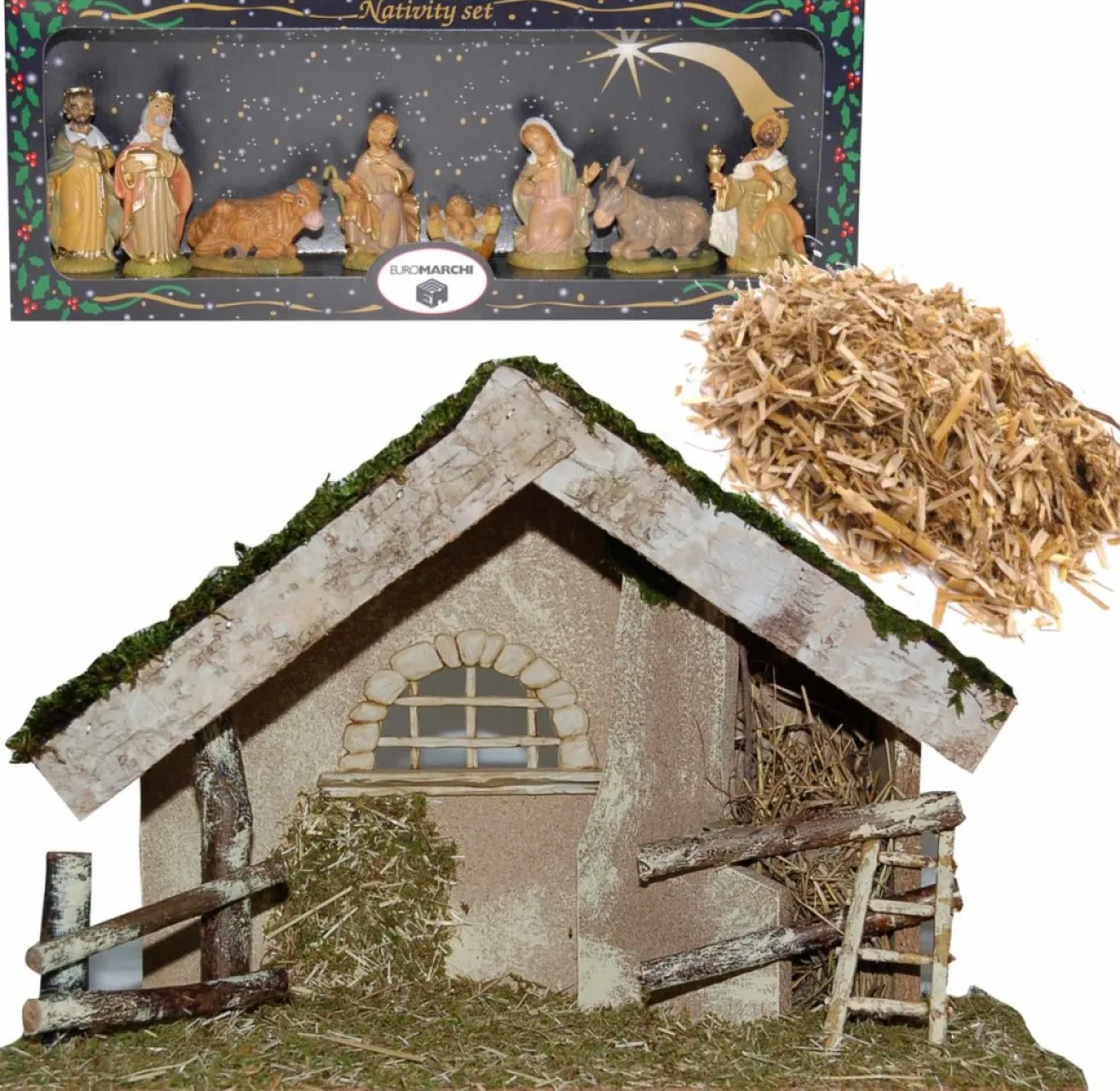 Merkloos Kerststallen>Complete Kerststal 42 X 19 X 30 Cm Met Beelden En Decoratie Stro - Kerstdecoratie Kerststallen