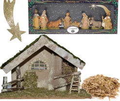 Merkloos Kerststallen>Complete Kerststal 42 X 19 X 30 Cm Met Beelden, Stro En Vallende Ster - Kerstdecoratie Kerststallen