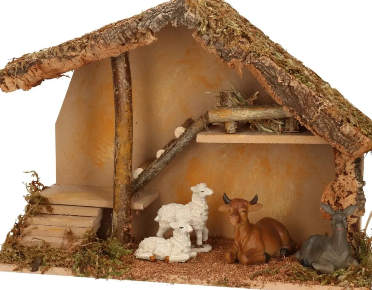 Merkloos Kerststallen>Complete Kerststal Met Dieren Beeldjes - 50 X 23 X 31 Cm - Hout/Mos/Polyresin