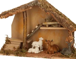 Merkloos Kerststallen>Complete Kerststal Met Dieren Beeldjes - 39 X 19 X 28 Cm - Hout/Mos/Polyresin