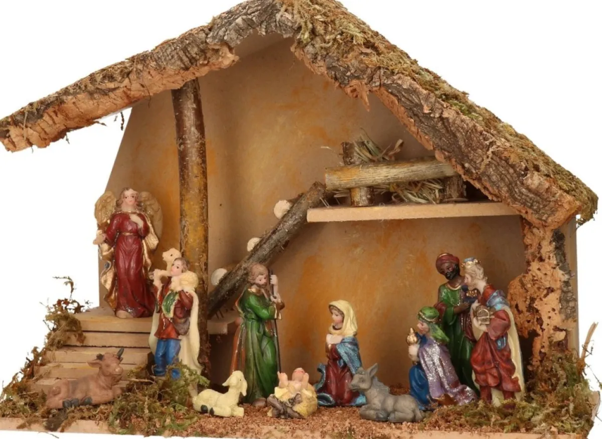 Merkloos Kerststallen>Complete Kerststal Met Kerststal Beelden - 39 X 19 X 28 Cm - Hout/Mos/Polyresin