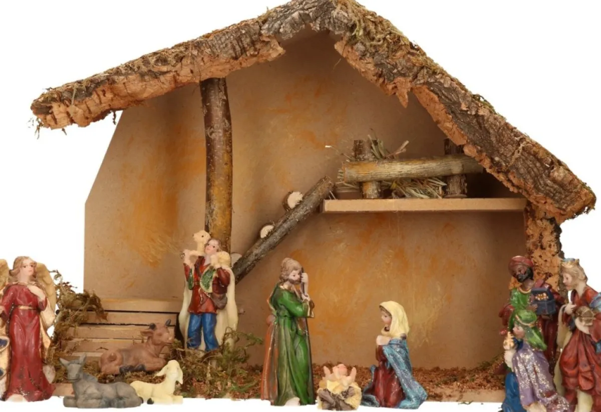 Merkloos Kerststallen>Complete Kerststal Met Kerststal Beelden - 39 X 19 X 28 Cm - Hout/Mos/Polyresin