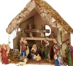 Merkloos Kerststallen>Complete Kerststal Met Kerststal Beelden - 30 X 18 X 26 Cm - Hout/Mos/Polyresin