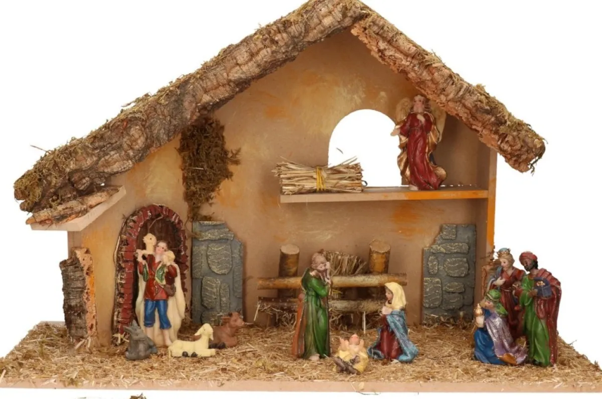 Merkloos Kerststallen>Complete Kerststal Met Kerststal Beelden - 50 X 23 X 31 Cm - Hout/Mos/Polyresin