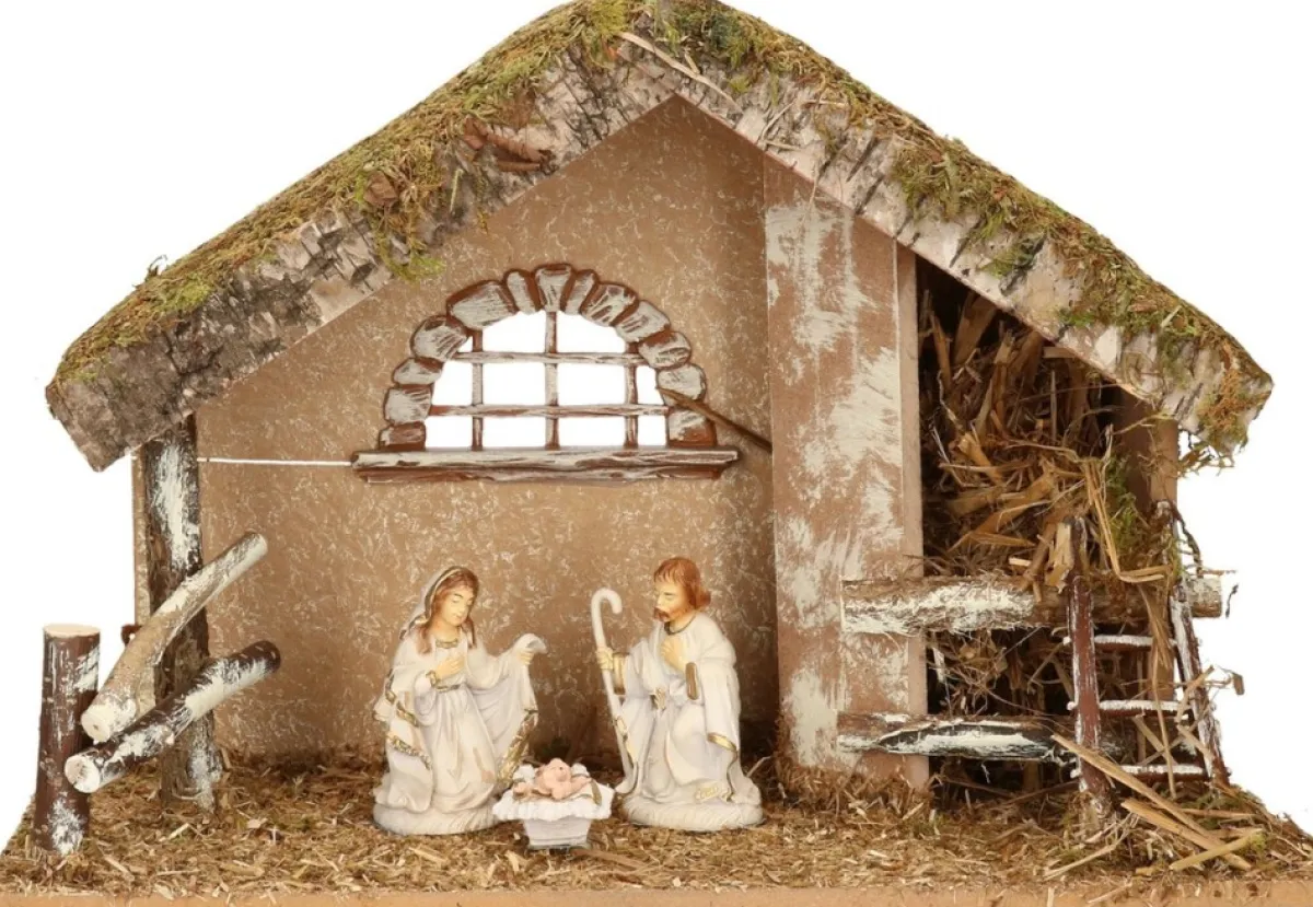 Merkloos Kerststallen>Complete Kerststal Met 3X St Kerststal Beelden - 42 X 19 X 30 Cm - Hout/Polyresin