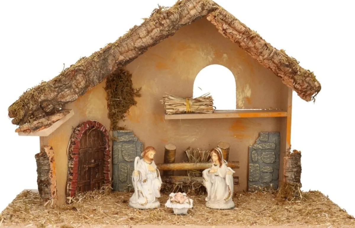 Merkloos Kerststallen>Complete Kerststal Met 3X St Kerststal Beelden - 50 X 23 X 31 Cm -Hout/Polyresin