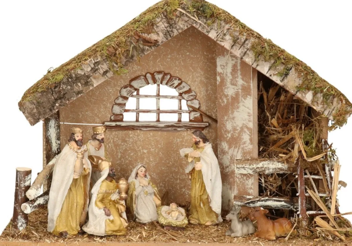 Merkloos Kerststallen>Complete Kerststal Met 8X St Kerststal Beelden - 42 X 19 X 30 Cm - Hout/Polyresin