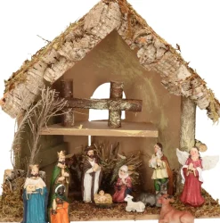 Merkloos Kerststallen>Complete Kerststal Met 11X St Kerststal Beelden - 30 X 18 X 26 Cm - Hout/Mos/Polyresin