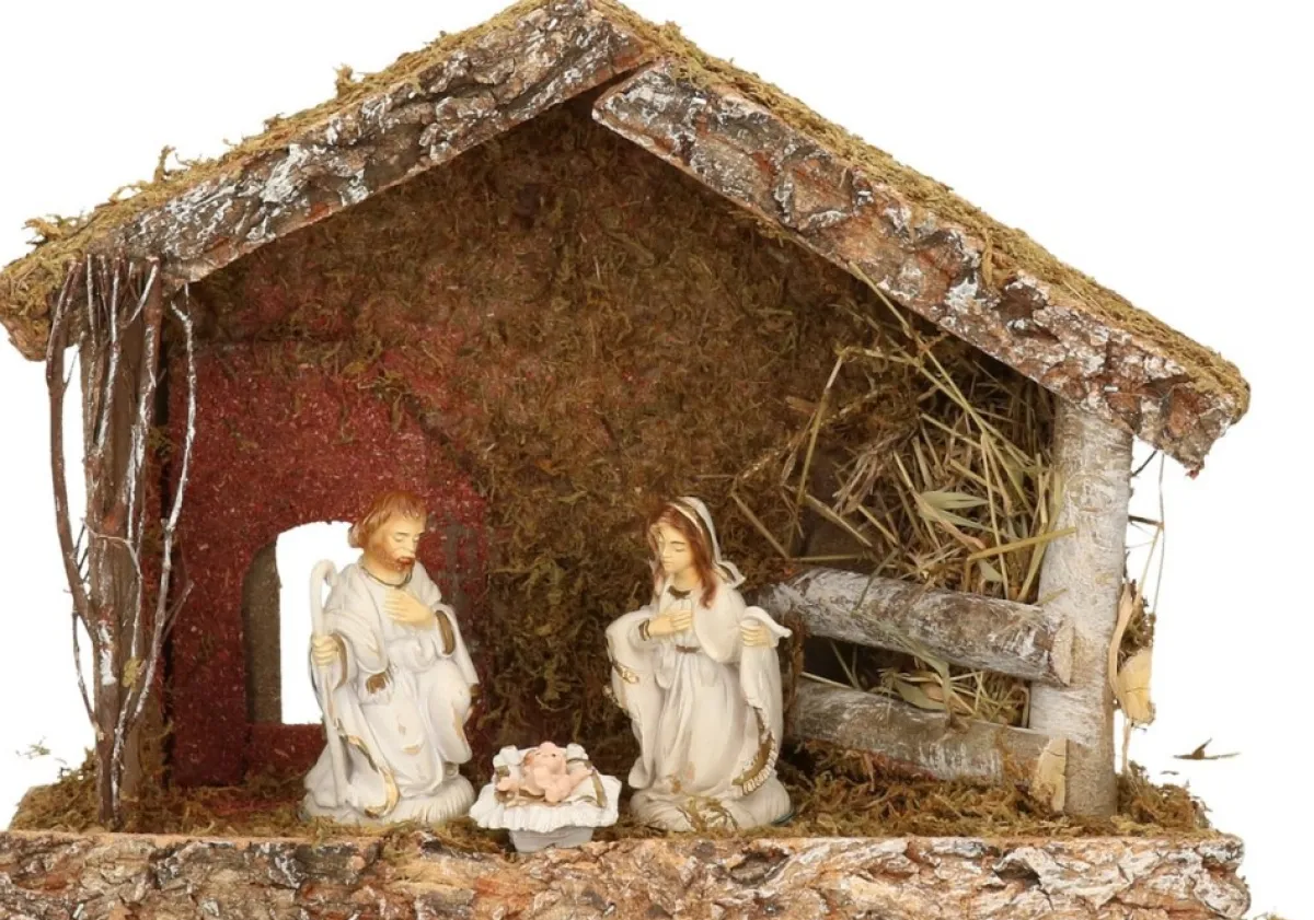Merkloos Kerststallen>Complete Kerststal Met 3X St Kerststal Beelden - 32 X 17 X 25 Cm - Hout/Polyresin