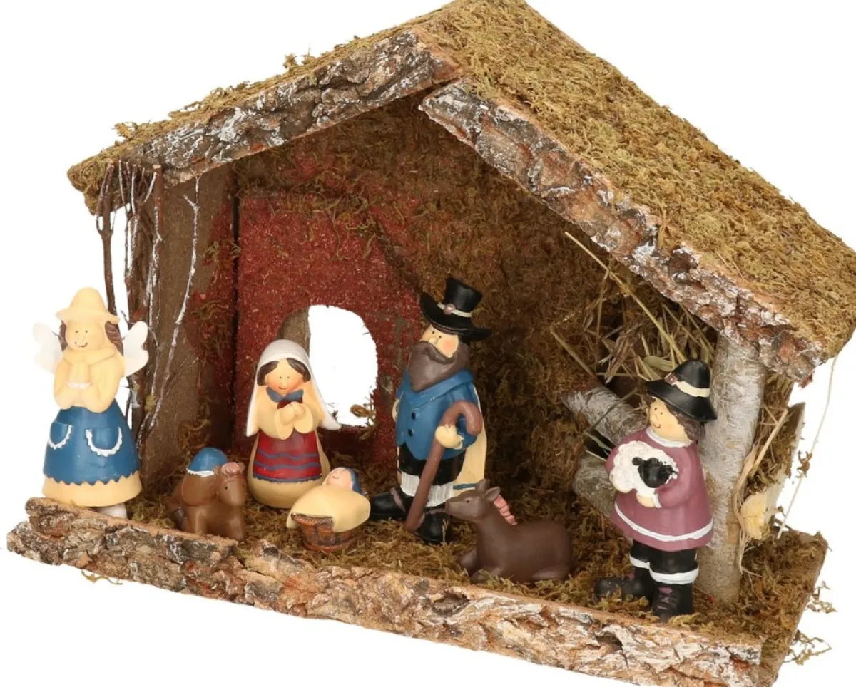 Merkloos Kerststallen>Complete Kinder Kerststal Met 7X St Kerststal Beelden - 32 X 17 X 25 Cm - Hout/Polyresin