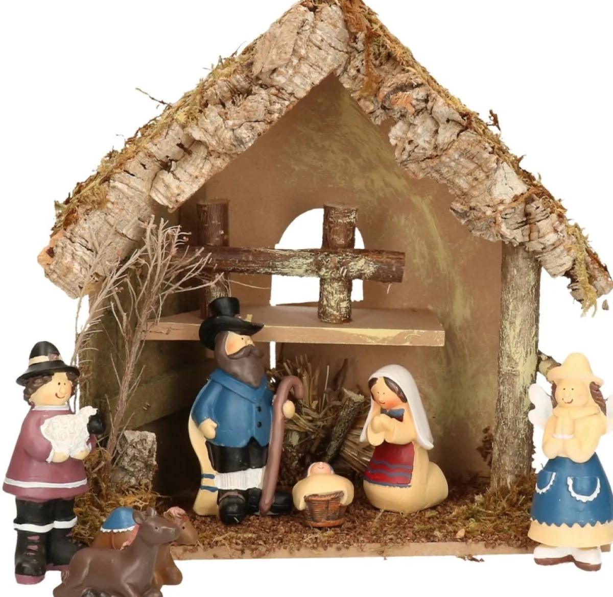 Merkloos Kerststallen>Complete Kinder Kerststal Met 7X Kerststal Beelden -30 X 18 X 26 Cm - Hout/Polyresin