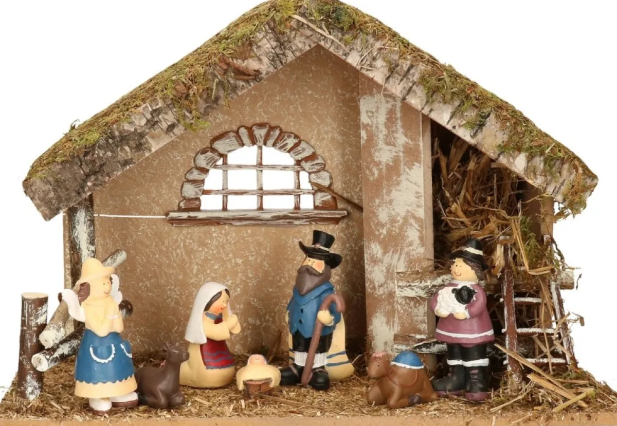 Merkloos Kerststallen>Complete Kinder Kerststal Met 7X St Kerststal Beelden - 42 X 19 X 30 Cm - Hout/Polyresin