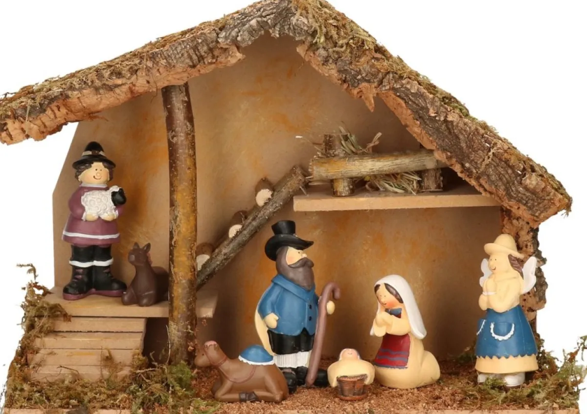 Merkloos Kerststallen>Complete Kinder Kerststal Met Kerststal Beelden - 39 X 19 X 28 Cm - Hout/Polyresin