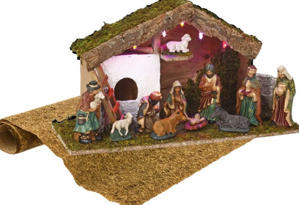 Merkloos Kerststallen>Complete Verlichte Kerststal Inclusief Kerststal Beelden En Ondergrond - Kerststalletjes