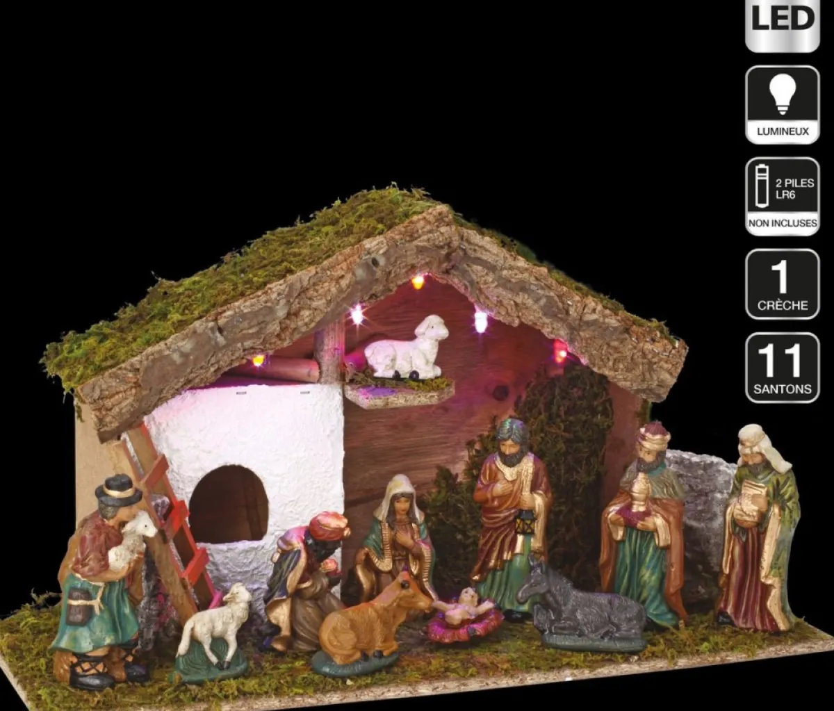 Merkloos Kerststallen>Complete Verlichte Kerststal Inclusief Kerststal Beelden En Ondergrond - Kerststalletjes